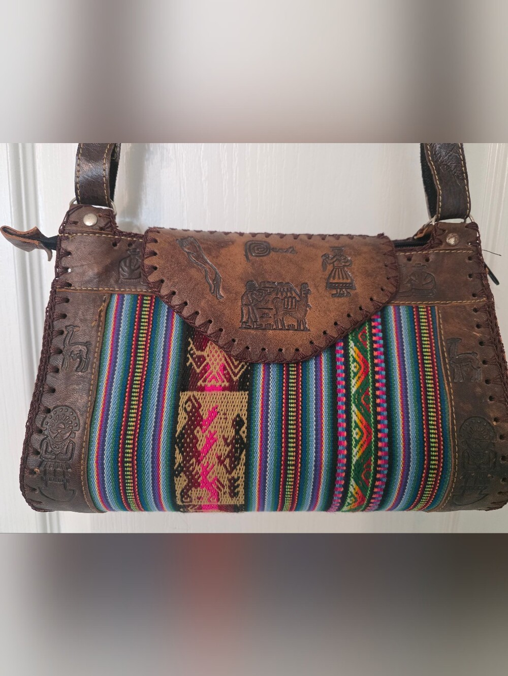 Peruvian Handcrafted Brown Leather & Multi-Color Woven Women’s Shoulder Bag